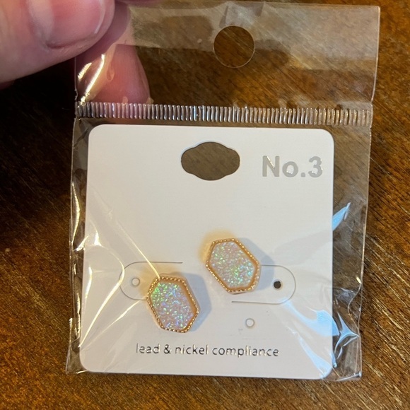 2/$15 - Gold Iridescent White Druzy Hexagon Post Earring - Picture 4 of 5